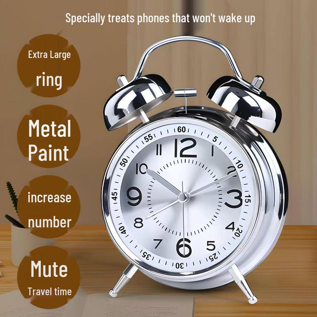 Rechargeable Metal Bell Alarm Clock with Night Light - Super Loud Wake-Up Device for Bedsides, Ideal for Students and Elderly Rooms.