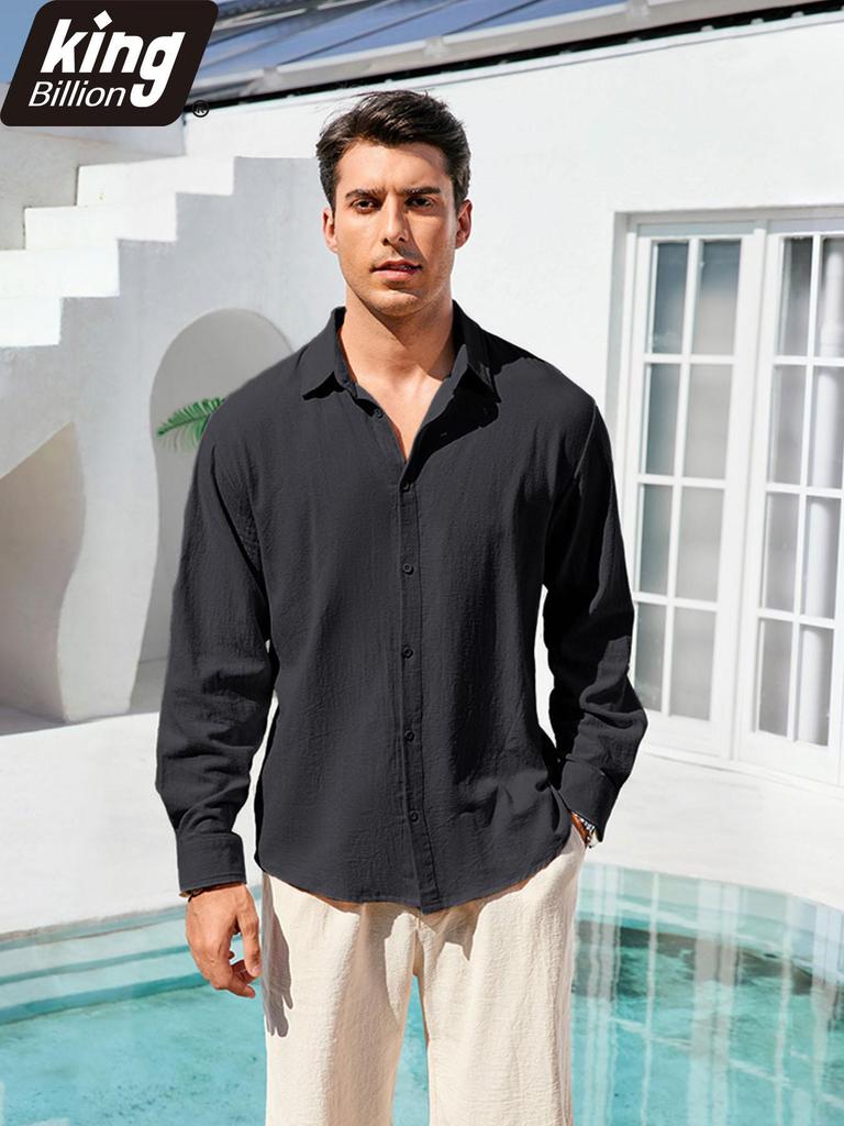 Spring Summer Men's Cotton Linen Shirt Long Sleeve Solid Color Casual Vacation Beach Lightweight Cozy Shirt