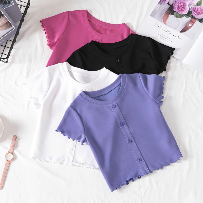 2024 Girls' Casual Solid Color Short-Sleeve T-Shirt
