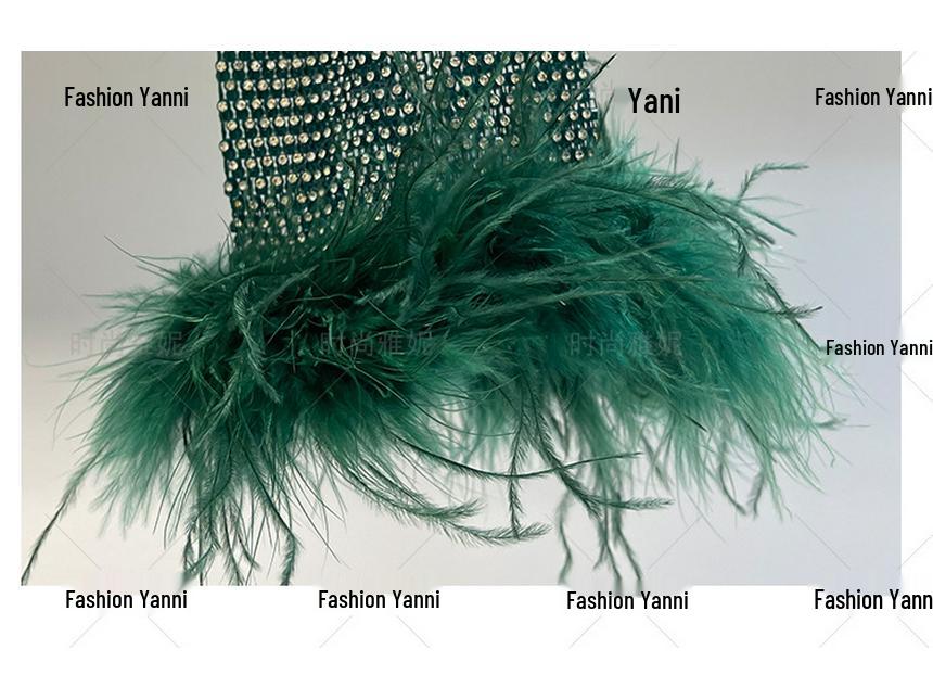 Yanni Fashion Blue Feather & Rhinestone Dress with Long-Sleeve Top and Skirt