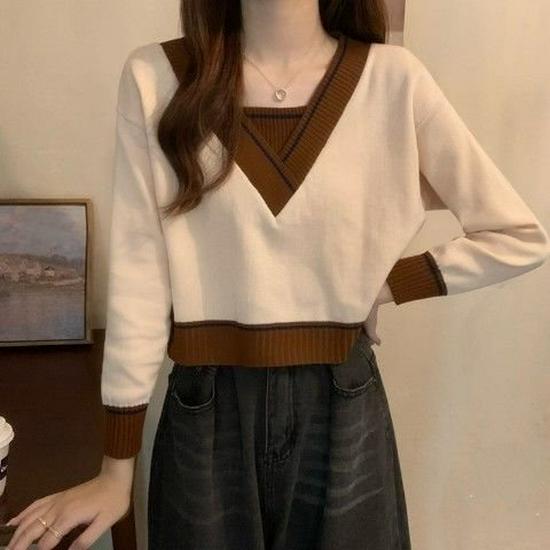 

Women s Knitted Short Sweater - Niche Collar, Autumn/Winter & Spring Design S (up to 95 jin) синий