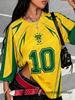 2026 Lato Nowa Brazylia Nr 10 Koszulka z Nadrukiem Dla Kobiet Okrągły Dekolt Patchwork Krótki Rękaw Oversize Sportowa Koszulka Piłkarska Y2K Luźny Top