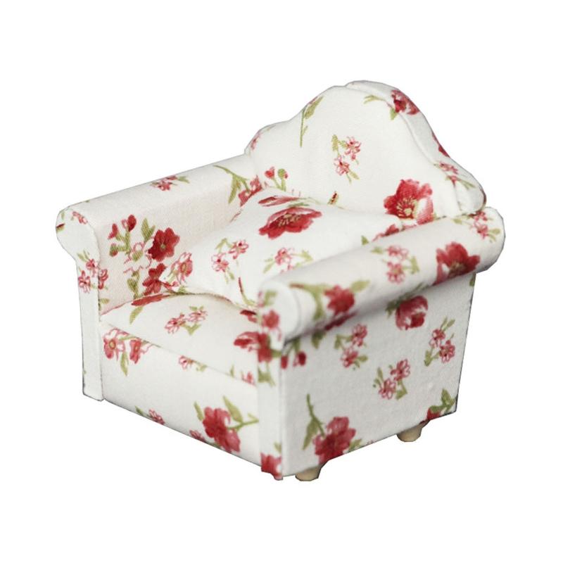 1/12 Mini Sofa Armchair Wooden Couch Toy Floral Sofa Throw Pillow for Doll House Furniture Role for Play Accessory Kids