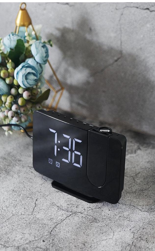 0716 Dual Alarm Clock with Large LED Display, Curved Surface, and Radio Projection