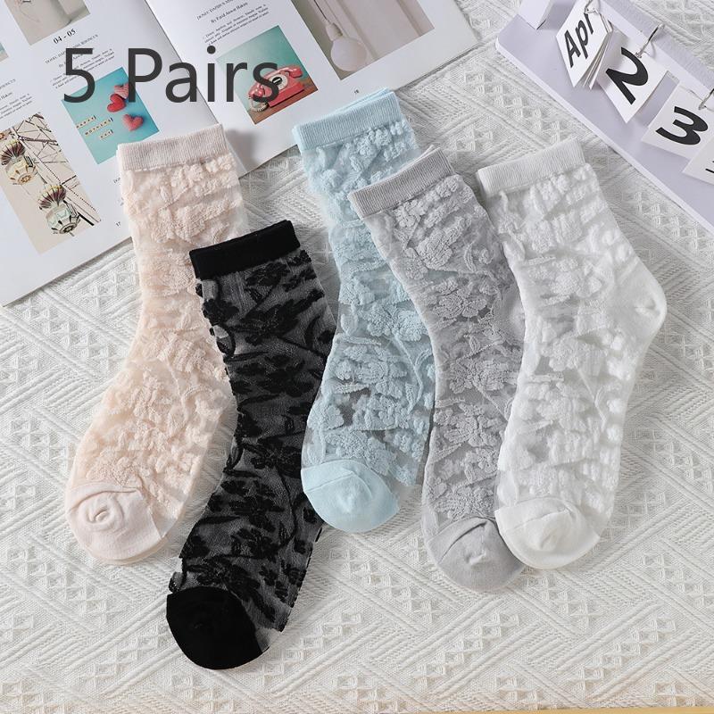 5 Pairs of Women's Summer Super Thin Polka Dot Cotton Sole Anti Hook Embroidered Clear Crystal Stockings
