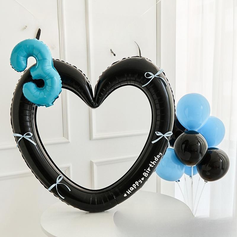 Heart Photo Frame Balloon Foil 0-9 Blue Number with Bowk Stickers for Blue Style Birthday Party Photo Props Wedding Ballon Decor