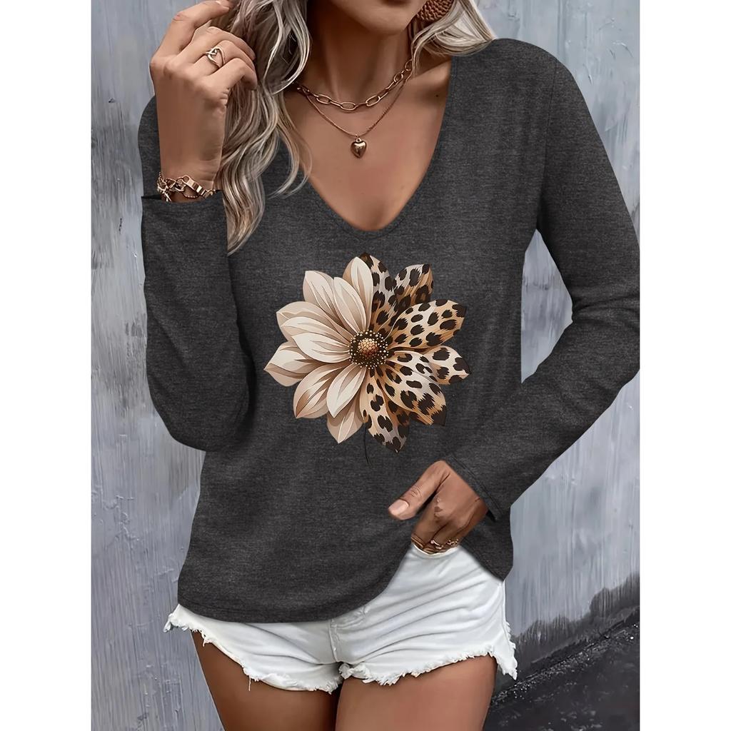 Frühlings- und Herbst V-Ausschnitt 3D Leopard Floral bedruckte T-Shirts Modische lässige langärmelige Damen-T-Shirts