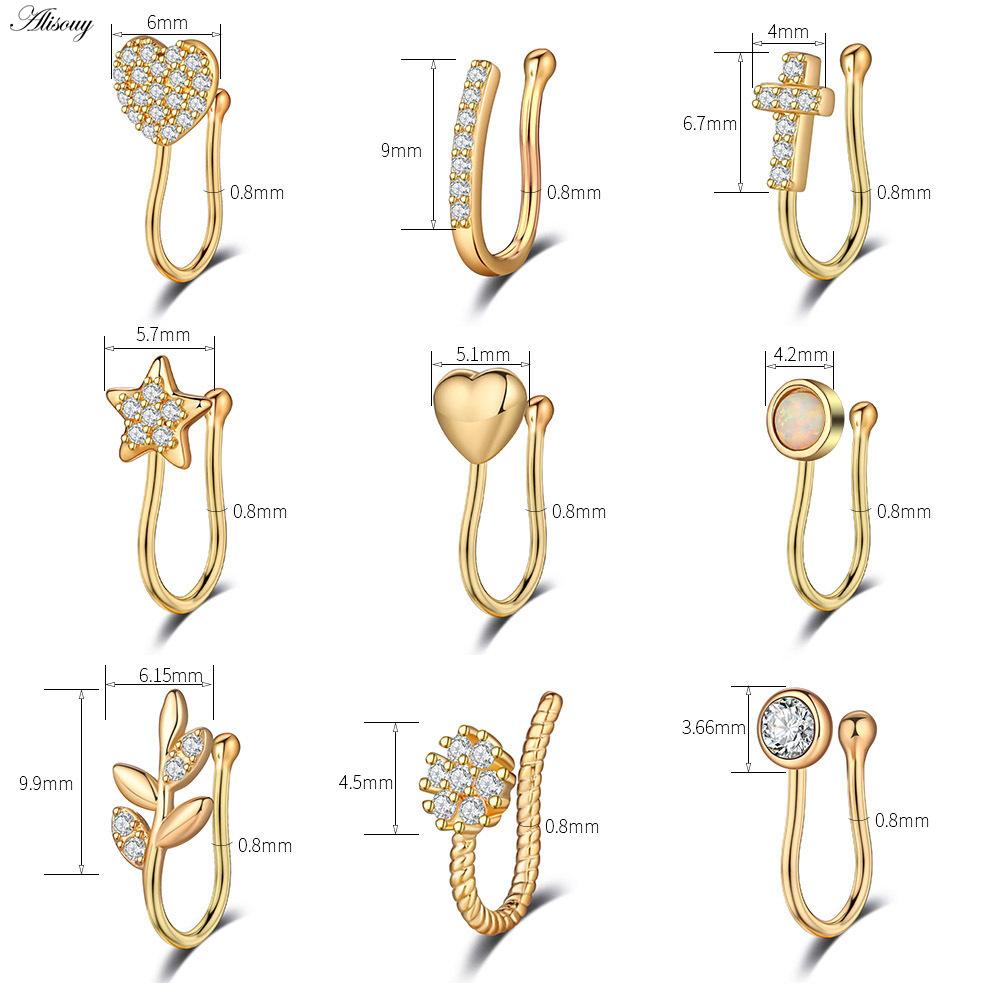 Alisouy 1pc Zirconia Fake Piercing Clip Nose Ring Body Jewelry for Women Ear Cuffs Heart Cross Star Leaf Flowers Clip Nose Rings