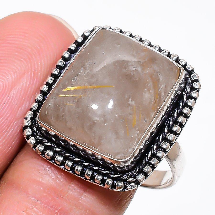 Naturalny Złoty Rutylowy Kamień Szlachetny Biżuteria ze Srebra Próby 925 Pierścionek Rozmiar 10 AR-16631