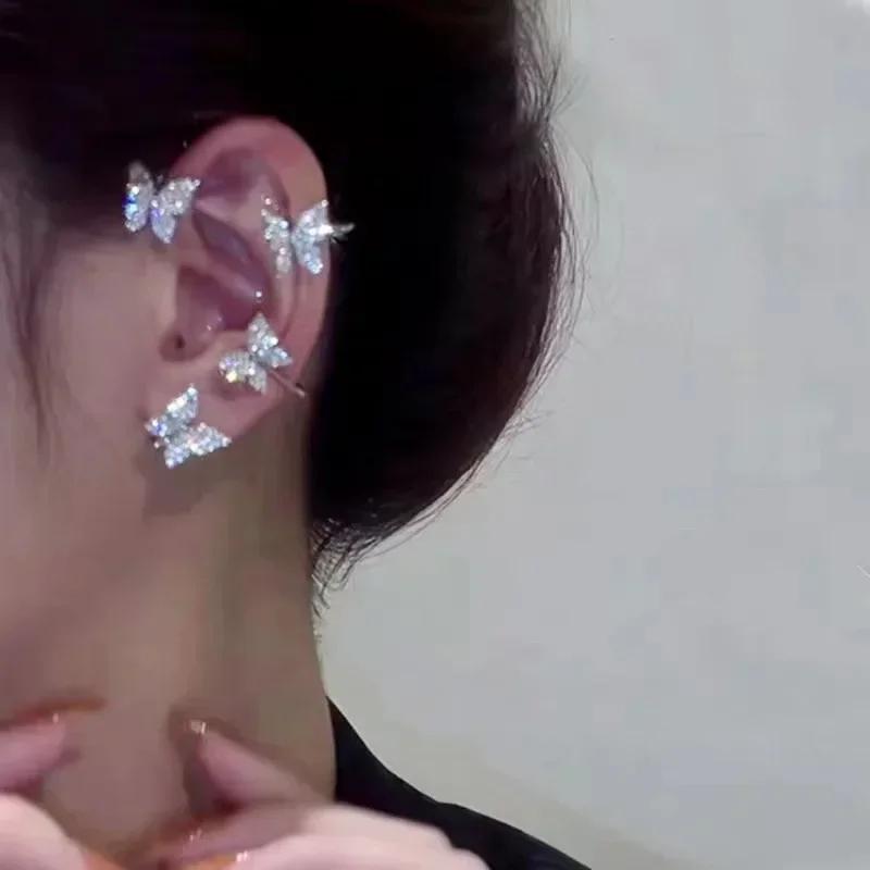 Silver Plated Metal Butterfly Clip Earrings for Women Ear Clips Without Piercing Sparkling Zircon Ear Cuff Fashion Jewelry
