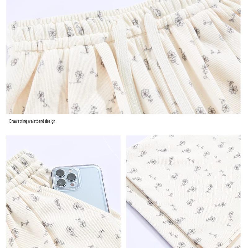 Petite 150 Women's Floral Wide-Leg White-Gray Sweatpants: Casual Spring/Summer American Style 145cm