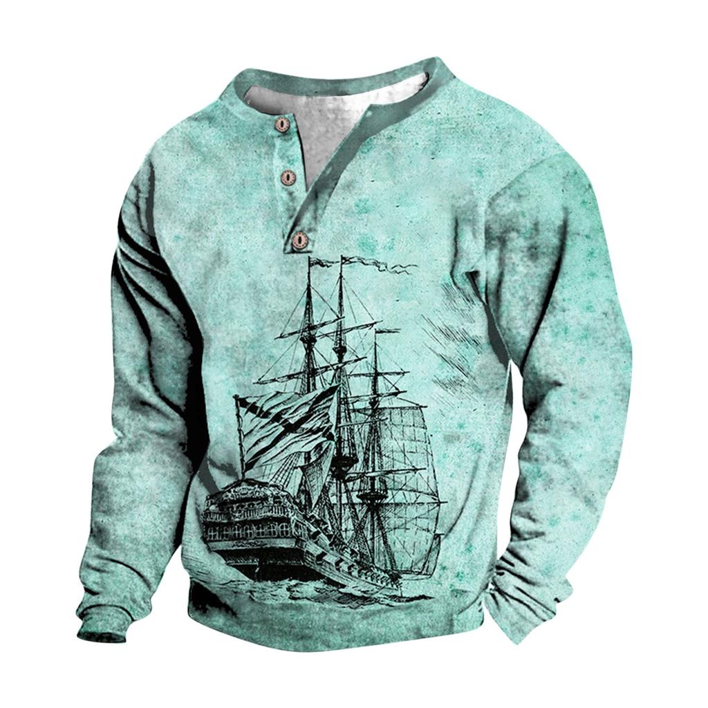 Pullover mit V-Ausschnitt für Herren, 3D-Digitaldruck, Stehkragen, 3 Knöpfe, Vintage-Kragen