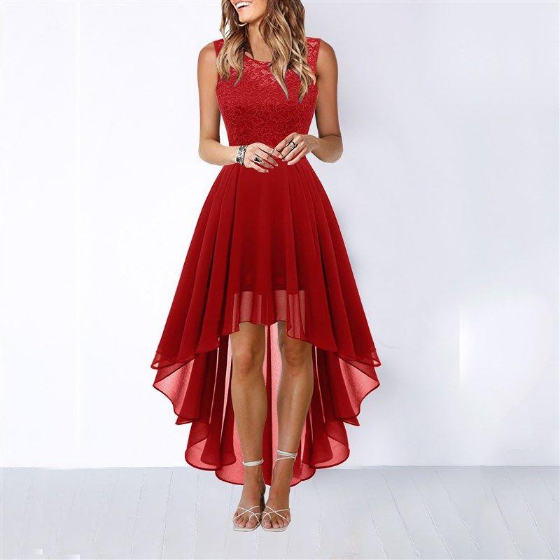 

Lace Patchwork Large Hem Chiffon Dress Red L