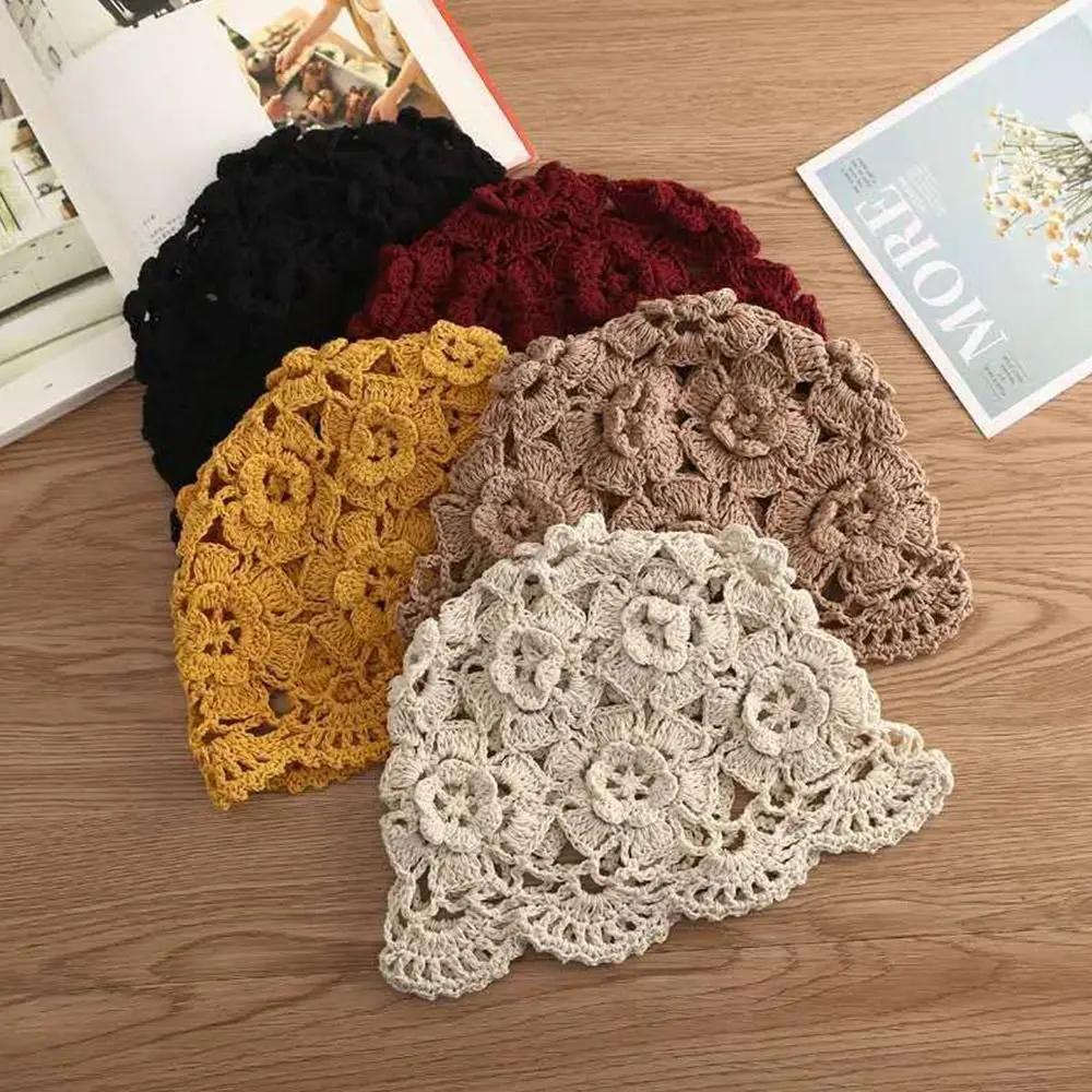 Breathable Hollowed Out Baotou Hat Flowers Casual Knitted Hat Summer Thin Beret Cap for Women