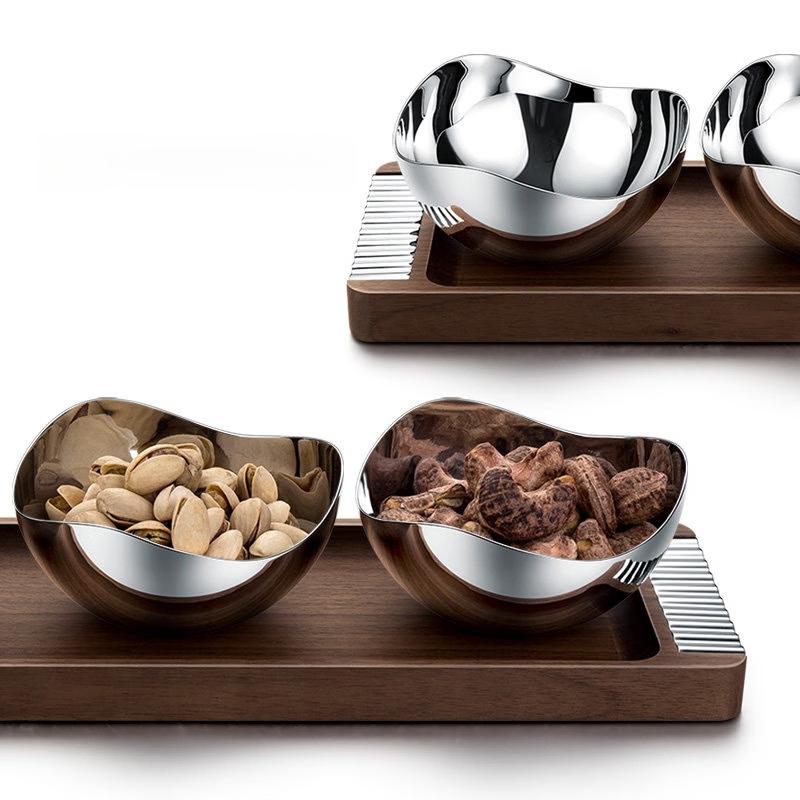 Luxury Wooden Snack Dish with Stainless Steel Bowl