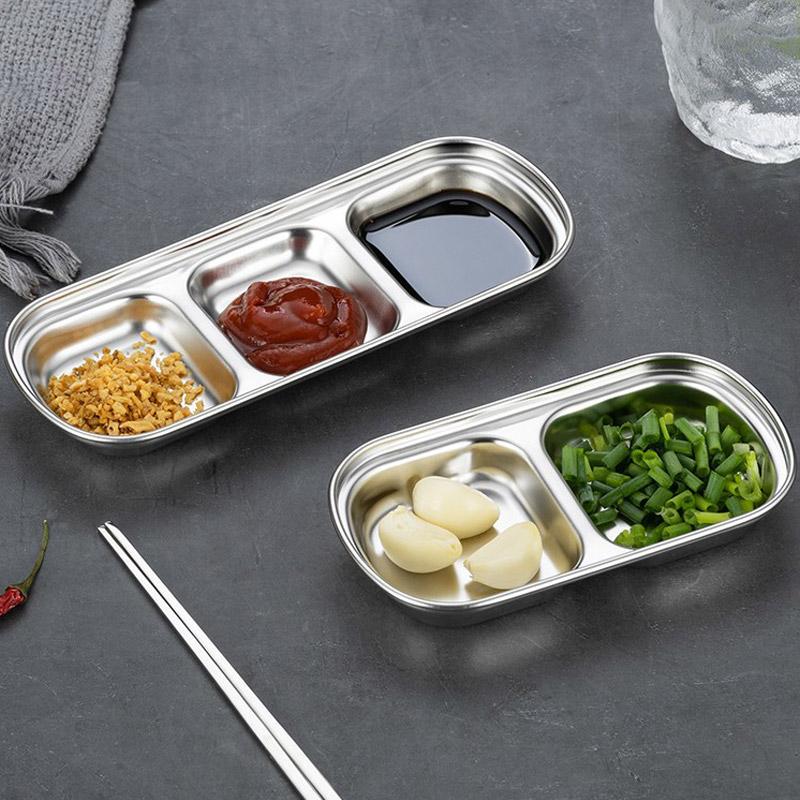 1PC Vinegar Plate Multi-grid Barbecue Seasoning Dish Dipping Dish Stainless Steel 1/2/3/4 Grids