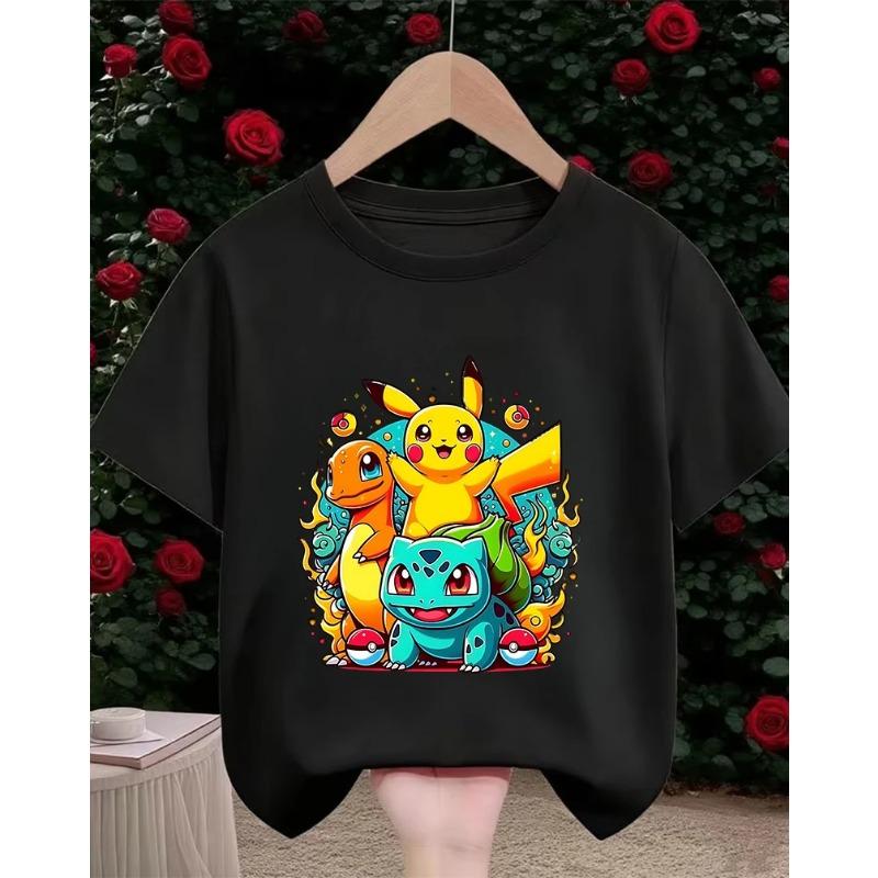 Summer Cute Kawaii Fashion Street Cartoon Round Neck Children's Popular Casual Pikachu T-Shirt