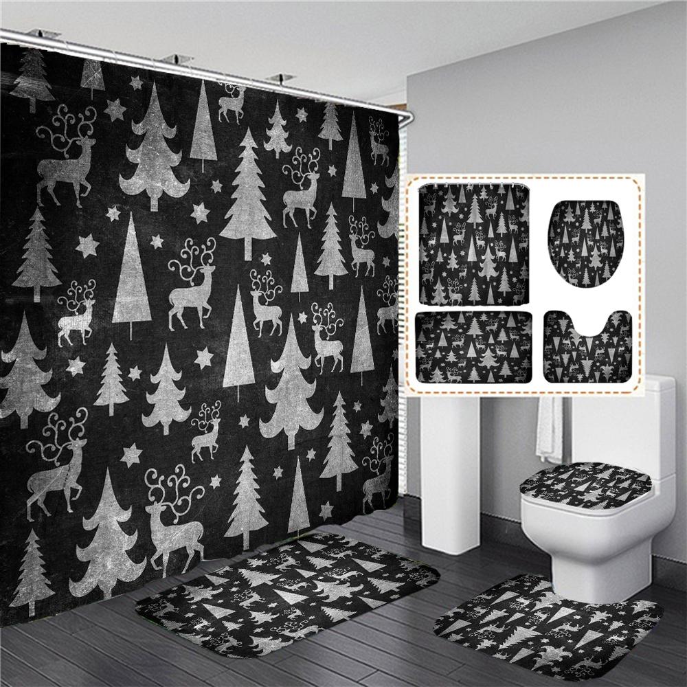 3D Christmas Elk Bathroom Curtain Merry Christmas Shower Curtains Xmas Decor Anti-Slip Carpet Bath Mats Rugs Toilet Lid Cover
