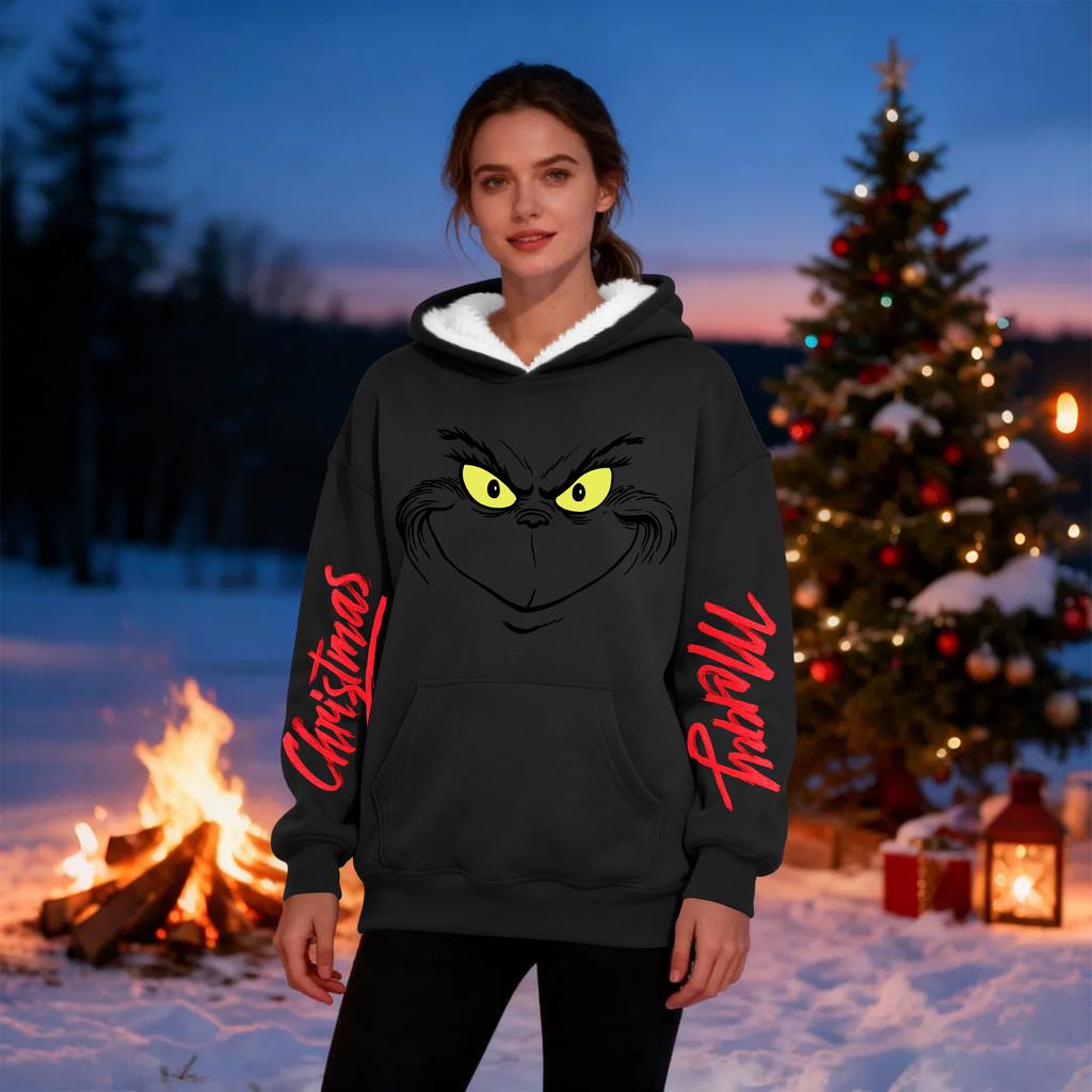 Women's Casual Fashion Plus Velvet Thickened Christmas Print Hooded Sweatshirt