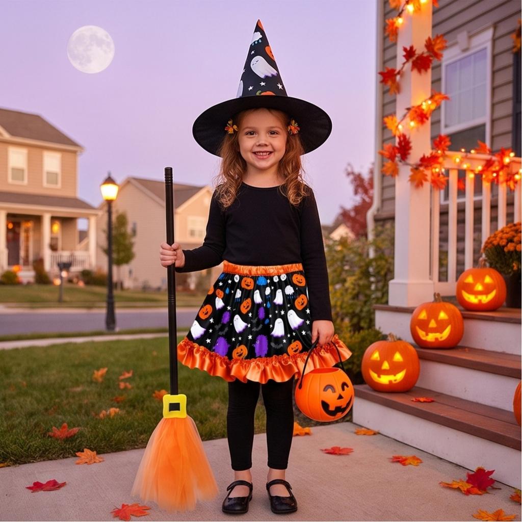 Girls Halloween Pumpkin Print Dress with Witch Hat and 3 Piece Costume Set