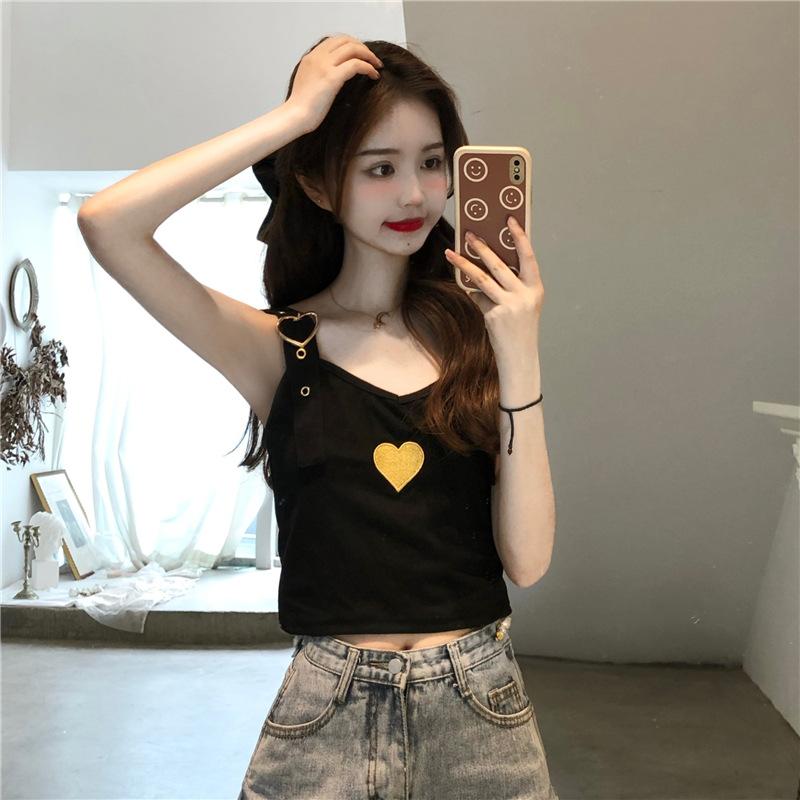 Ice Sweet Design Love Embroidered Vest with Adjustable Halter Women's Summer Short Knit Top