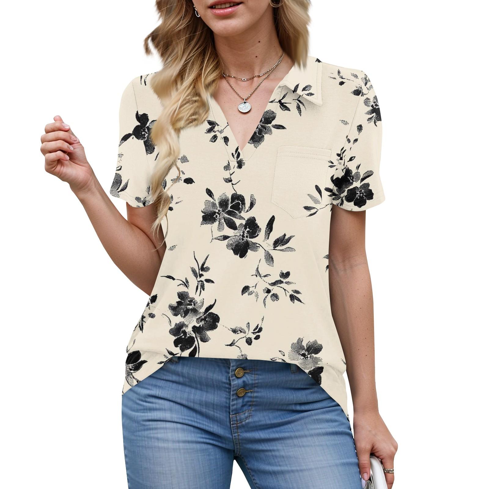 

Womens Shirts Summer Business Casual Work Tops Short Sleeve Button Down Collared V Neck Blouse T-Shirt L бежевий