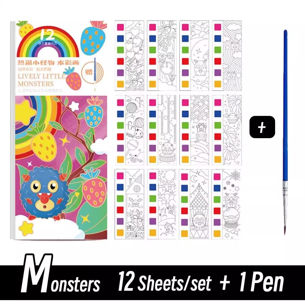 12 Sheets/Set Portable Watercolor Coloring Book - Flower Fairy/Monsters/Space Watercolor Doodle Book