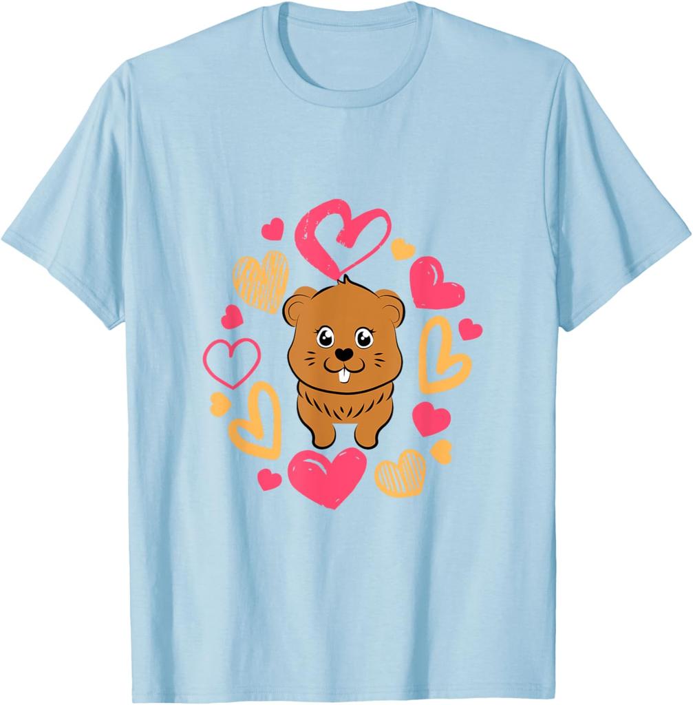 Niedliches Murmeltiertag Murmeltier Liebende Herzen Grafik T-Shirt Lässiges Kurzarm T-Shirt