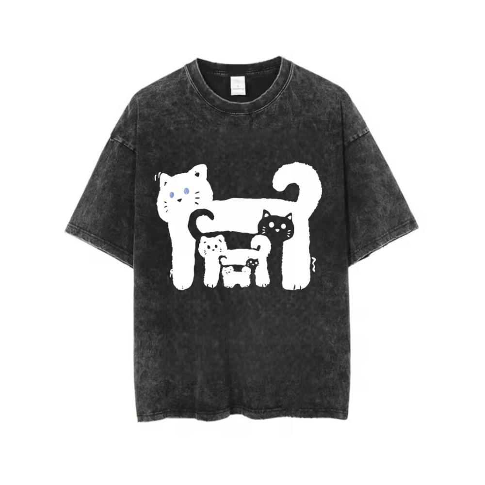 Vintage Cartoon Cat T-Shirt Minimalist Animal Graphic Tee Men’s Women’s Oversized Crew Neck Short Sleeve for Casual Outings Daily Wear Cool Top