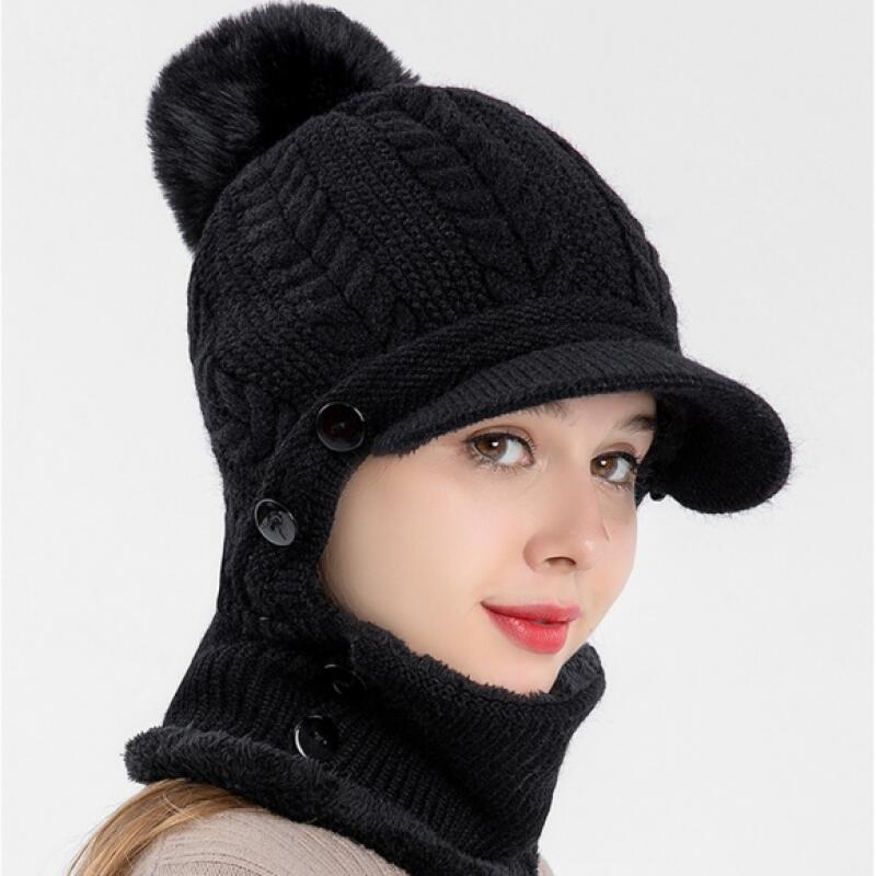 Women s Knit Neck Warmer Pom Pom Hat (3 Colors) Pearl Black_1310507