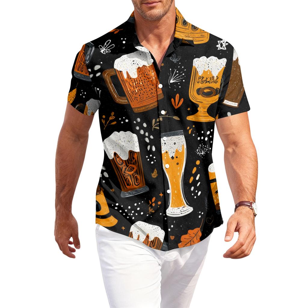 Men's Casual Short Sleeve Button Down Shirt Beer Mug Print Lightweight Breathable Fabric Relaxed Fit Summer Shirt