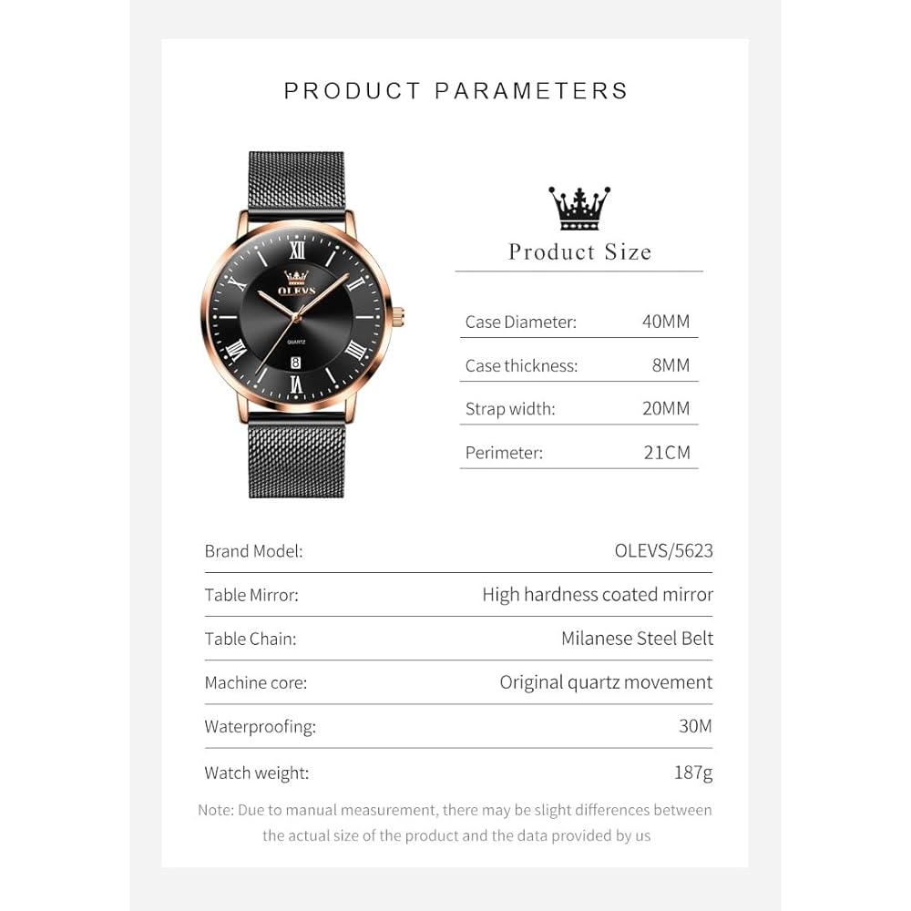 OLEVS Men's Analog Quartz Watch Rose Gold Stainless Steel Classic Business Casual Waterproof with Day-Date Feature