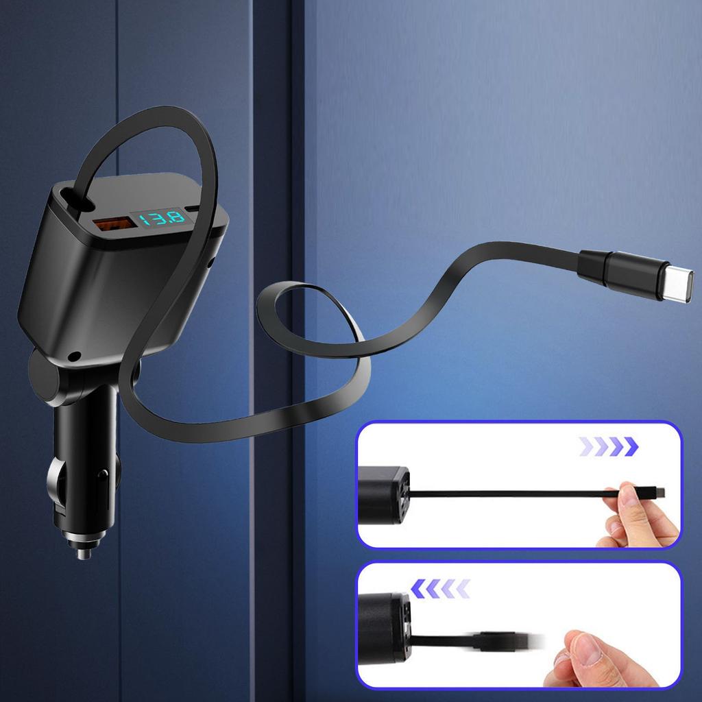 Retractable Car Charger, Fast Car Phone Charge, Type C Retractable Cables And 2 Ports Charger Adapter