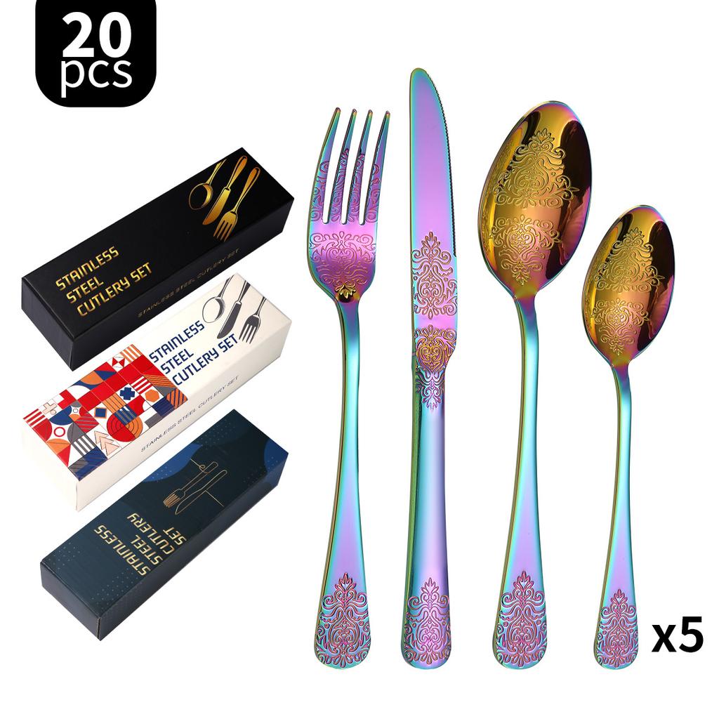 Thickened Pattern Stainless Steel Knife, Fork and Spoon Tableware 430 Double-Headed Pattern Knife, Fork and Spoon 24-Piece Set