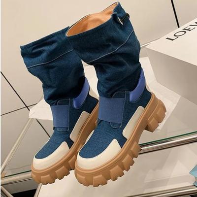 Frühling Herbst Neue Damen Mid-Calf Stiefel Mode Cowboy Ritterstiefel Punk Gothic Klassische Denim Canvas Schuhe Kurze Plateauschuhe