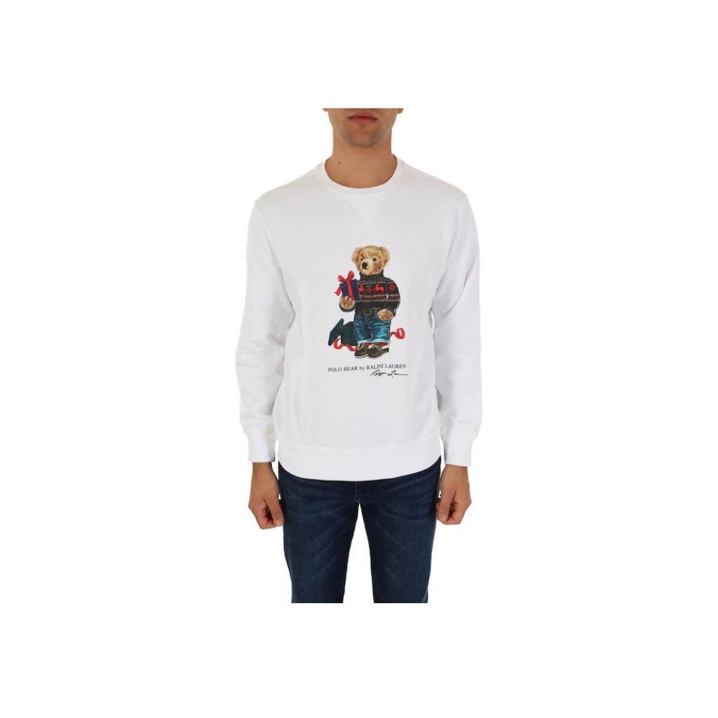 Polo Ralph Lauren Bear Cartoon Print Knit Crewneck Long Sleeve Sweatshirt Men Sweatshirt White 710853308-028