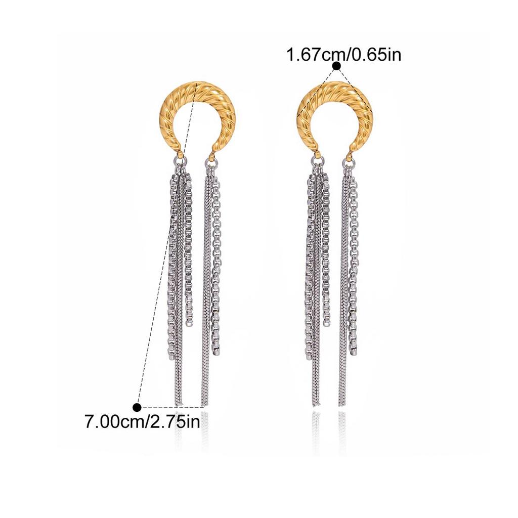 Yori Gold Silver Color Blocked Threaded Moon Tassel Stud Earrings for Women Elegant Chic Attractive Jewelry Prevent Allergy Gift