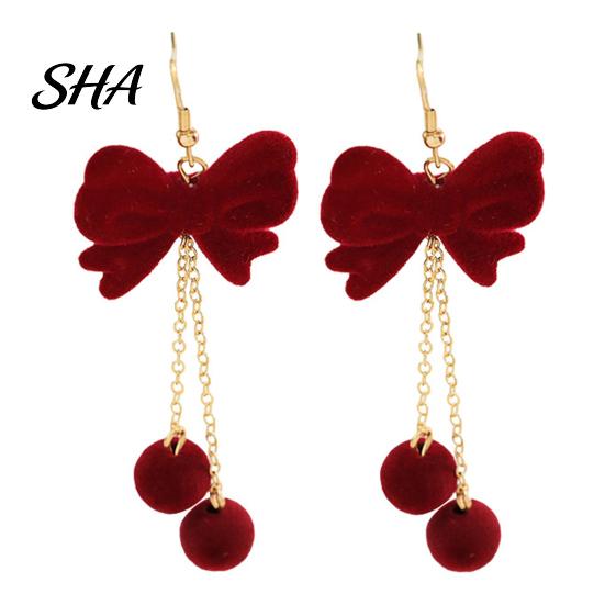 Holiday Statement Jewelry for Women 1 Pair Velvet Bow Earrings Women, Red Christmas Bowknot Dangle Drop Fashionable Face Slimming with Ball
