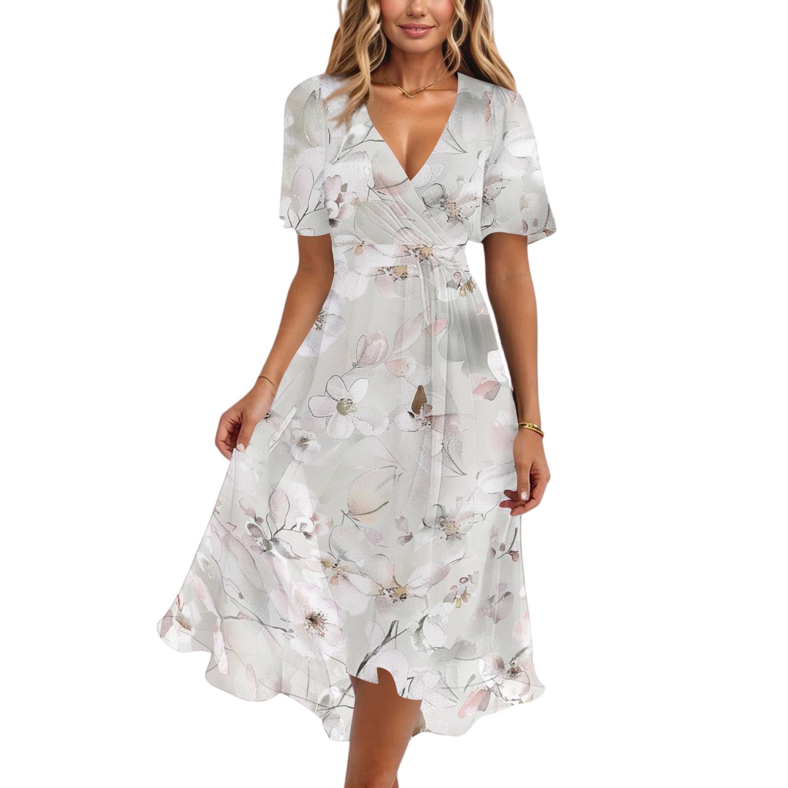 Women s fashion casual V-neck short sleeve printed dress M