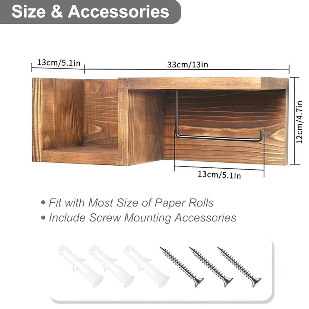 Wooden Wall Mounted Towel Rack & Tissue Holder with Shelf Farmhouse Bathroom Organizer Mounted Towel Rack Tissue Holder