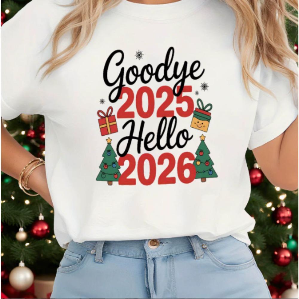 Hello 2026 New Year's Eve Short Sleeved Women's Loose and Comfortable Plus Size T-shirt New Year Party Clothing Women's Clothing