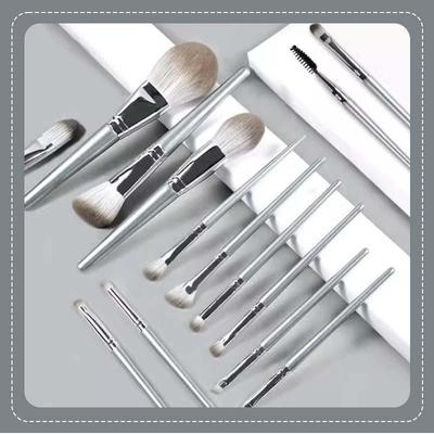 14-Piece Personal Makeup Brush Set Silver-Grey With Leather Pu Case Soft Smooth
