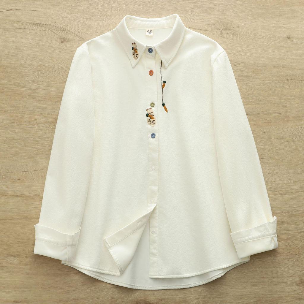 Women's Warm Autumn/Winter Velvet Shirt with Artistic Rabbit & Radish Embroidery