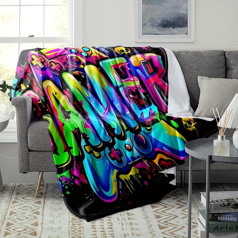 Gamer Graffiti Flannel Throw Blanket – Vibrant Controller & Skull Design, Soft Cozy Fleece for Home, Travel & Camping 75x90cm
