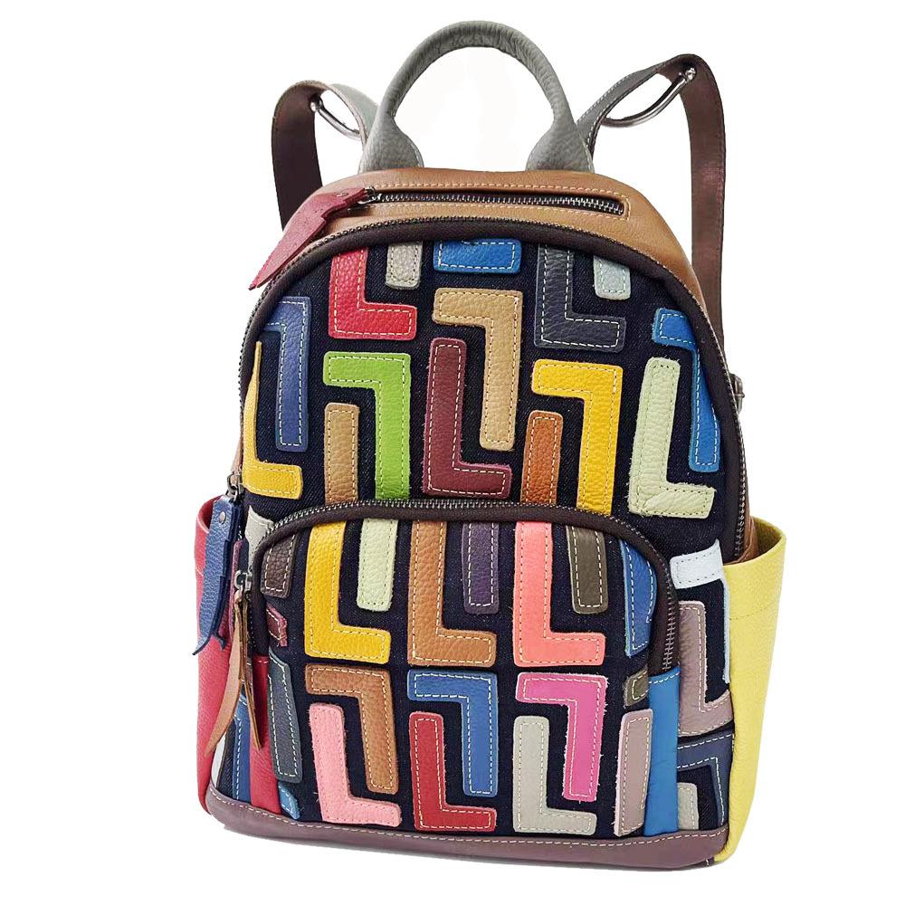 Echtleder Damen Tasche Farbige Rindsleder Patchwork Rucksack Retro Lässiger Rucksack Damen Tasche