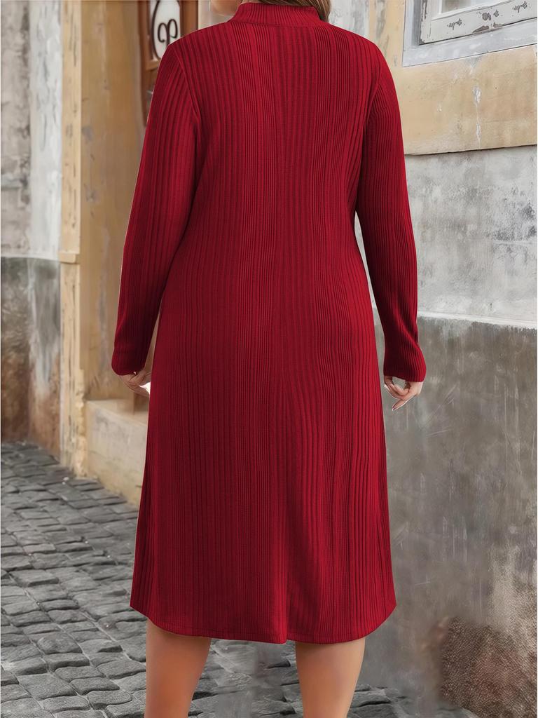2025 Autumn/Winter European Plus Size Women's Round Neck Zippered Striped Dress