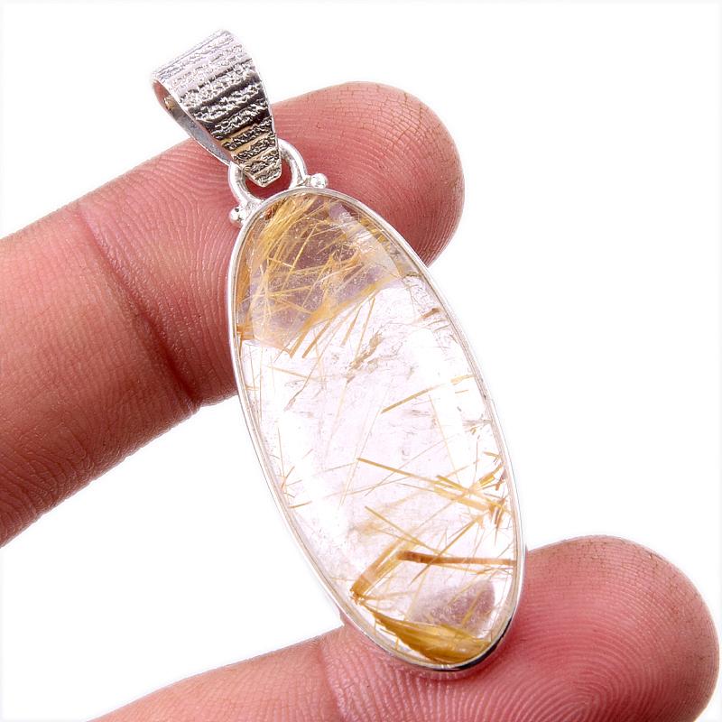 

Natural Golden Rutile Gemstone 925 Solid Sterling Silver Jewelry Pendant 2 n0k09