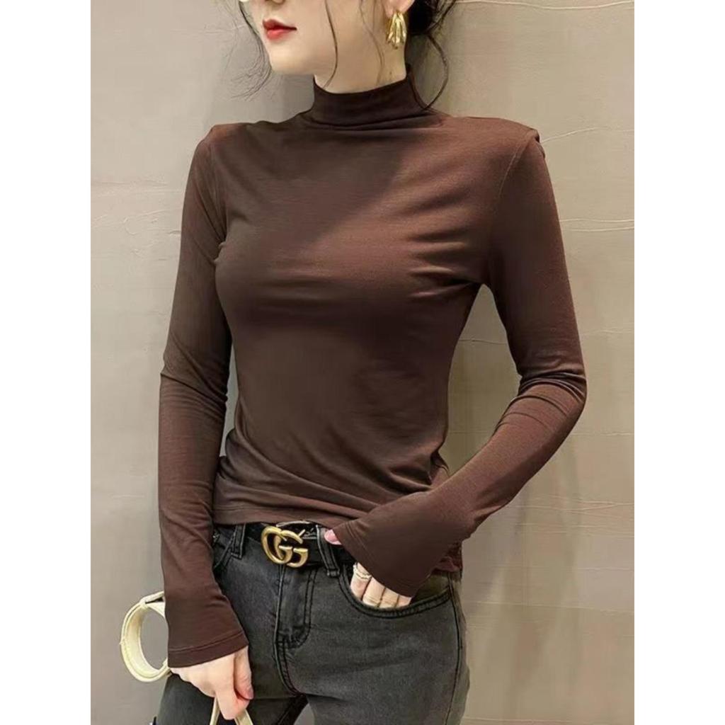 Women's Thickened Slim Fit Long Sleeve T-Shirt with Double-Sided Plush, Mid-High Neck, Brushed Base Layer Top for Autumn/Winter Warmth