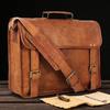 Handmade Leather Messenger Briefcase – Full Grain Laptop Bag with Brass Buckles, Dual Compartments, Cushioned Wall & Detachable Strap