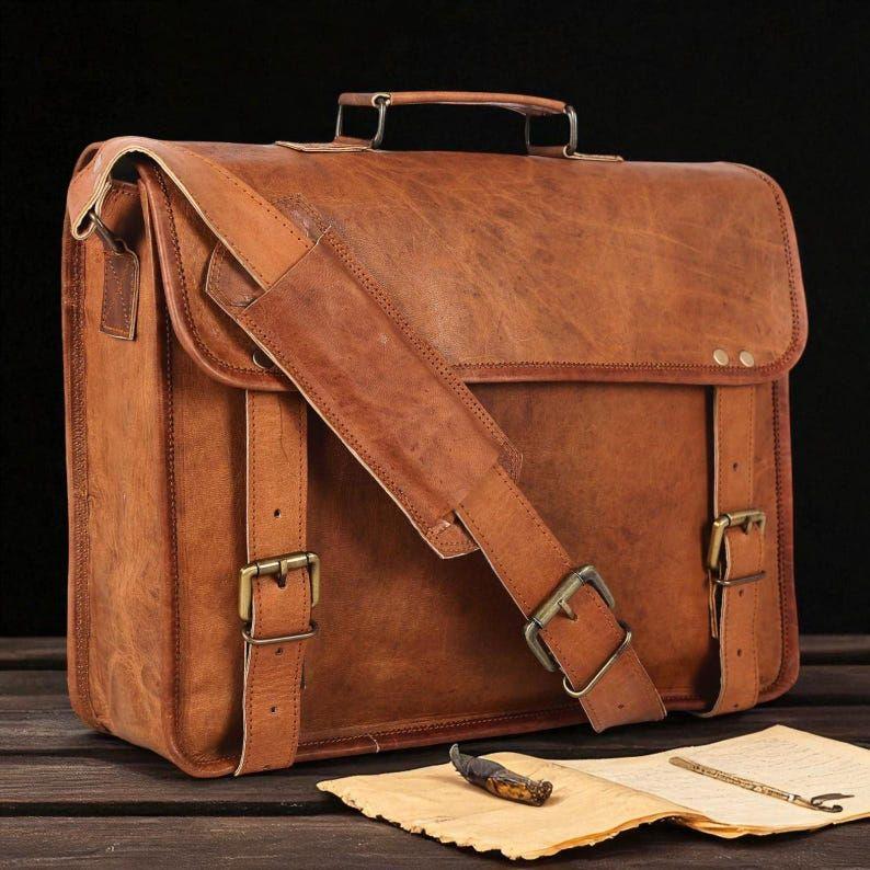 Handmade Leather Messenger Briefcase – Full Grain Laptop Bag with Brass Buckles, Dual Compartments, Cushioned Wall & Detachable Strap